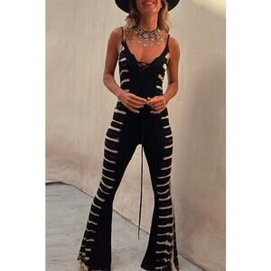 TRIXIEDRESS Black White Lace Up Front Tie-Dye Cami Lightweight Jumpsuit sz XS